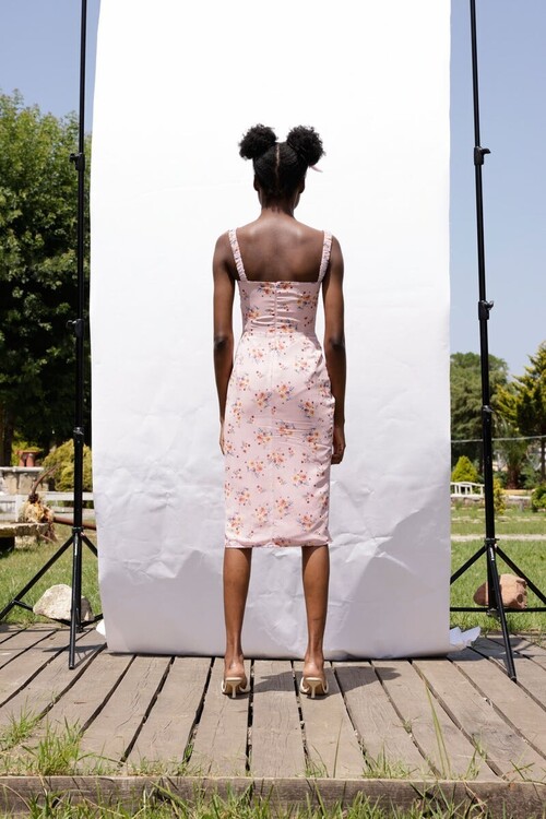 Diletta Satin Floral Patterned Pink Midi Dress