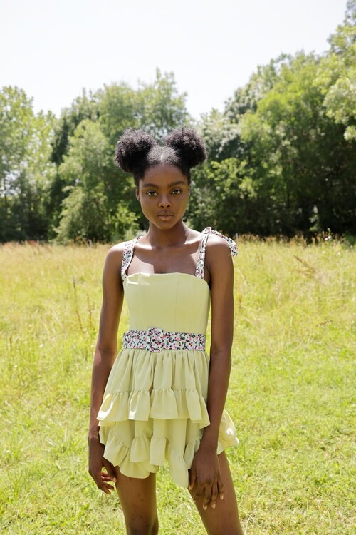 Mamba Volanlı Kemerli Sarı Elbise