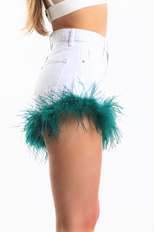 Pia Green Feather Detailed Denim Shorts