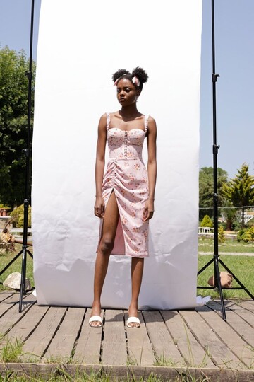 Diletta Satin Floral Patterned Pink Midi Dress