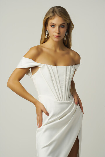 Duche Off Shoulder Midi White Satin Dress